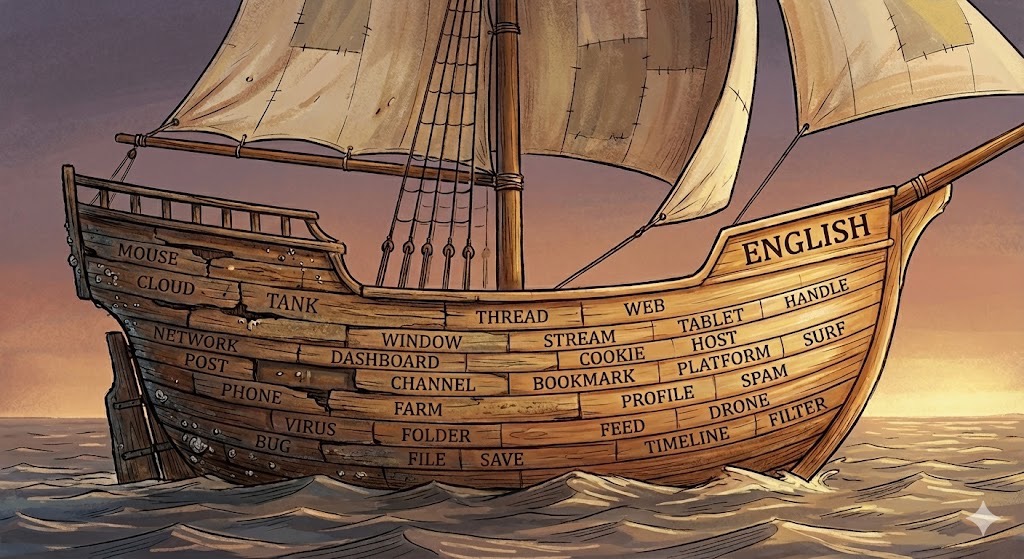 Illustration of the Ship of Theseus built from English words - some brand new and others ageing and in need of replacement.